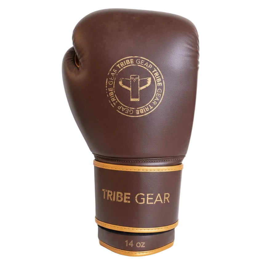 Vintage bokshandschoen van TribeGear in bruin leer met goud logo