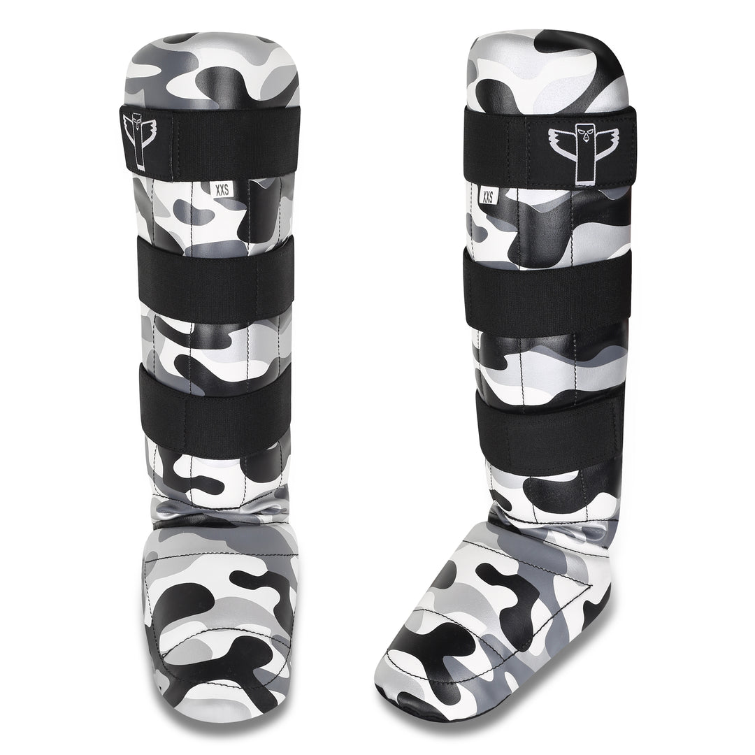 Camouflage kickboksen scheenbeschermers van TribeGear set voor Muay Thai en kickboksen