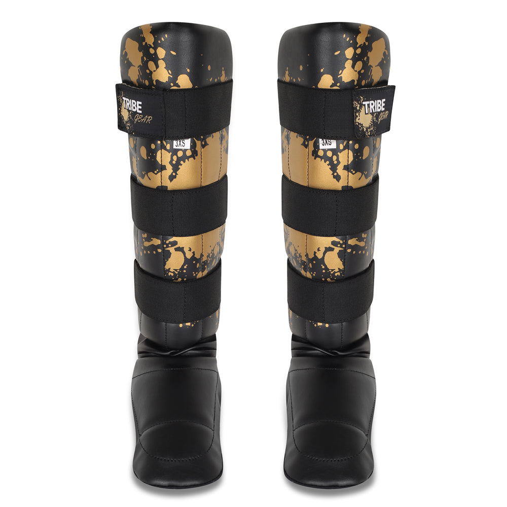 Set goud splash kickboksen scheenbeschermers voor kinderen van TribeGear voor Muay Thai en kickboksen