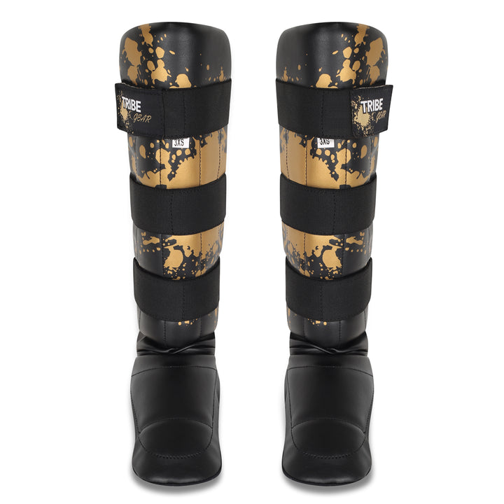 Set goud splash kickboksen scheenbeschermers voor kinderen van TribeGear voor Muay Thai en kickboksen
