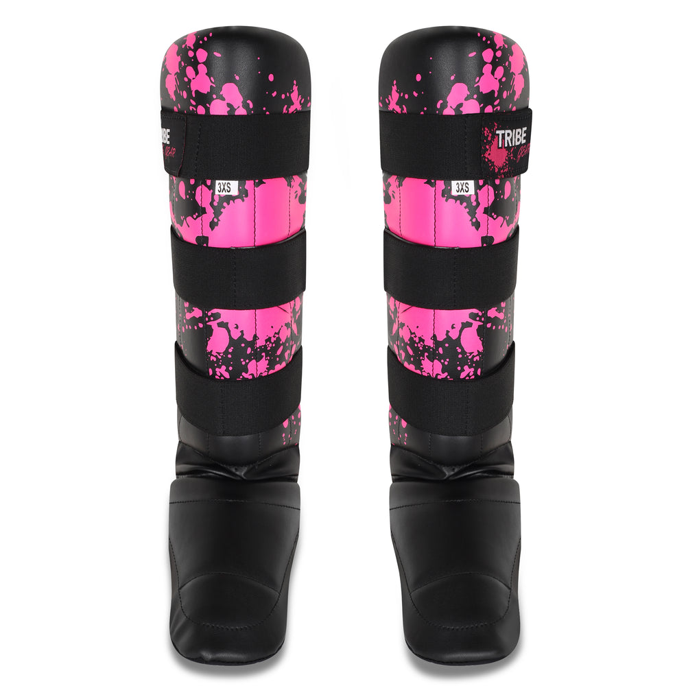 Kickboksen scheenbeschermers roze splash vooraanzicht van TribeGear