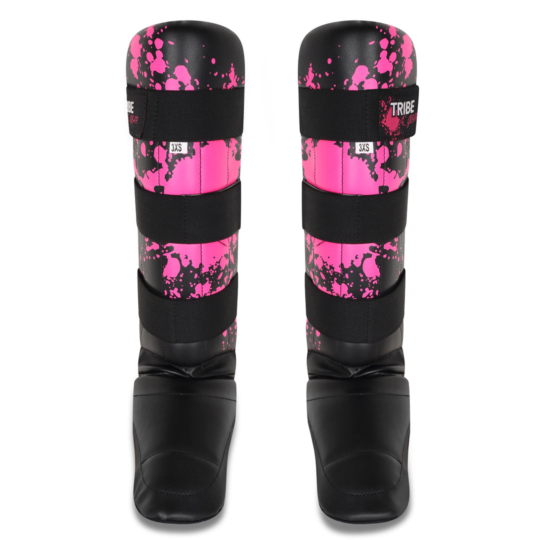 Kickboksen scheenbeschermers roze splash vooraanzicht van TribeGear