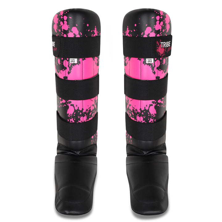 Kickboksen scheenbeschermers roze splash vooraanzicht van TribeGear