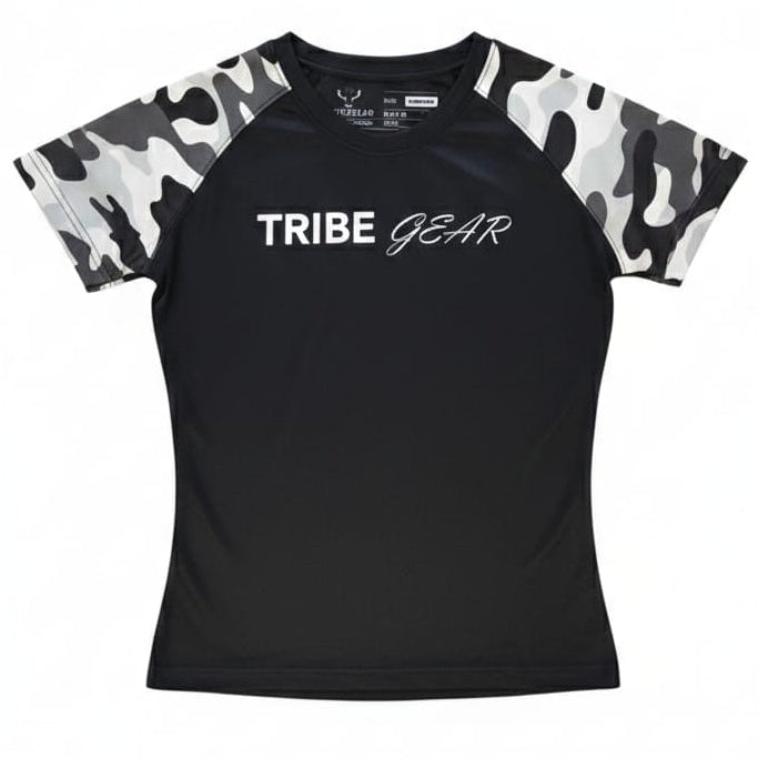 Kickboksen shirt voor kinderen met TribeGear camouflage mouwen en zwart design